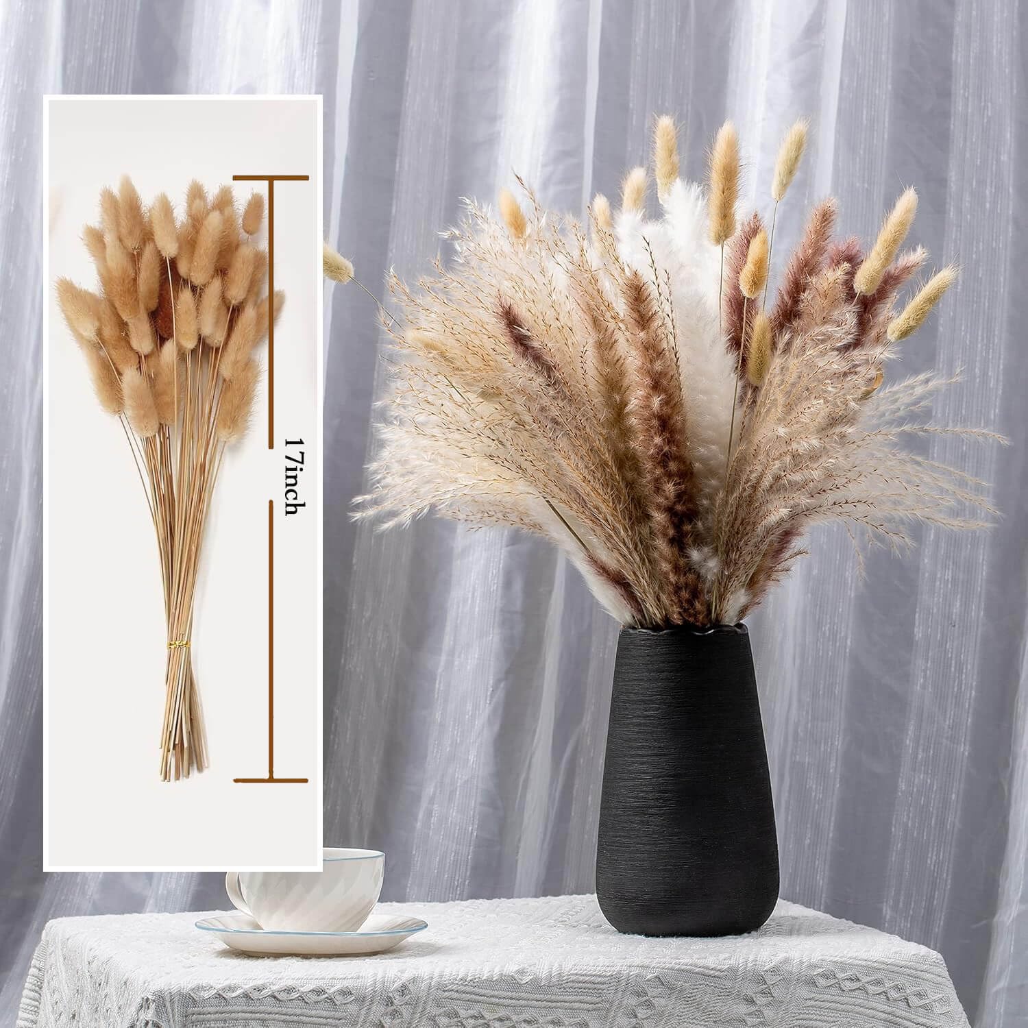tied ribbons set of 100pcs natural dried pampas grass contains real rabbit bunny tail reed pampas boho bouquet artificial flowers for table vase, party wedding & home decoration product description (17 inch length) tied ribbons set of 100pcs natural dried pampas grass contains real rabbit bunny tail reed pampas boho bouquet artificial flowers for table vase, party wedding & home decoration product description (17 inch length)